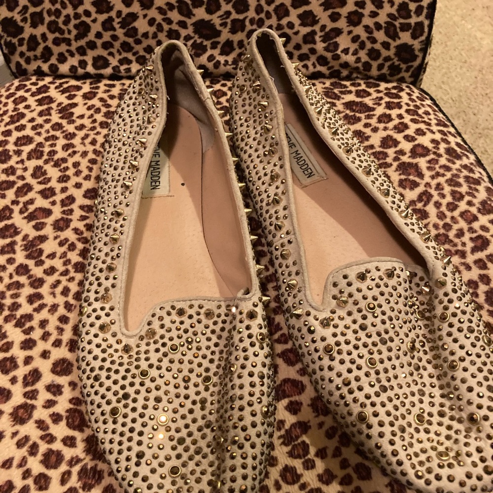 Steve Madden Tan Champagne Rhinestone Gold Spike Used Women’s Flats Size 10